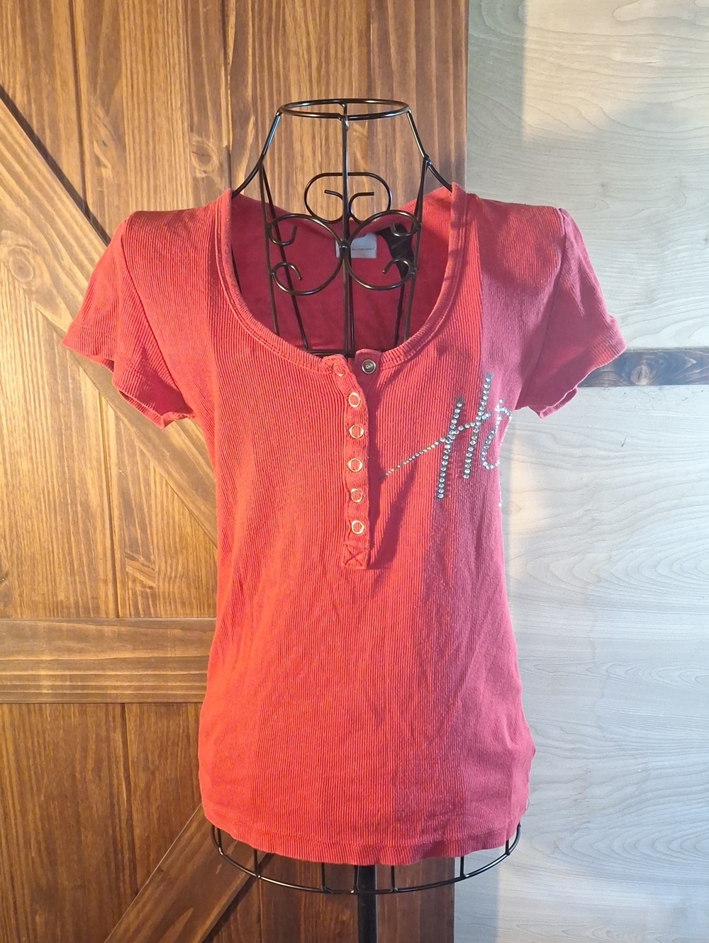 Harley-Davidson Coral Red Short-Sleeve Ribbed Henley with Rhinestone Script
